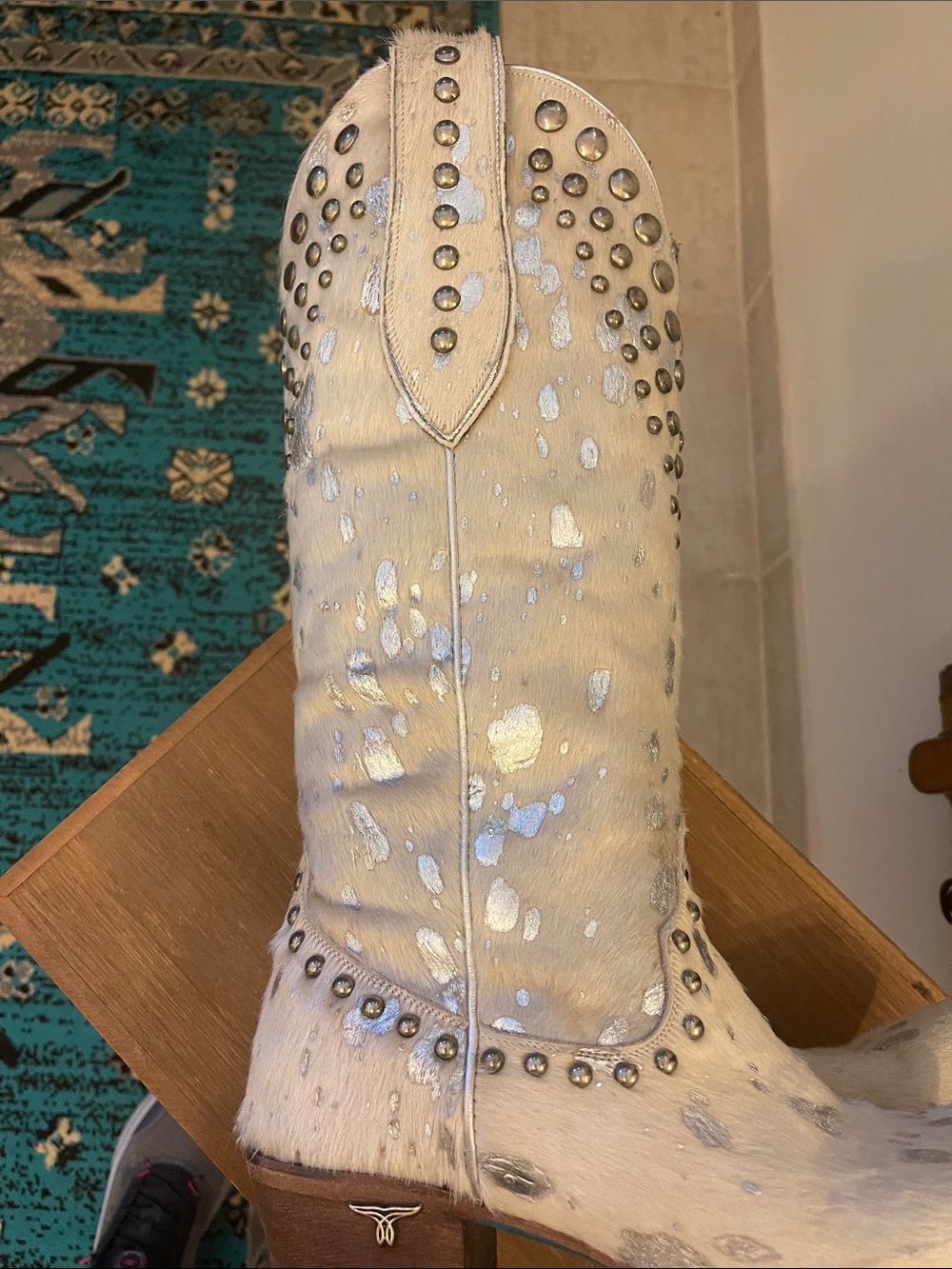Lane Winter White Wild Hair Studded Lace-Up Cowgirl Boots - Picture 11 of 13